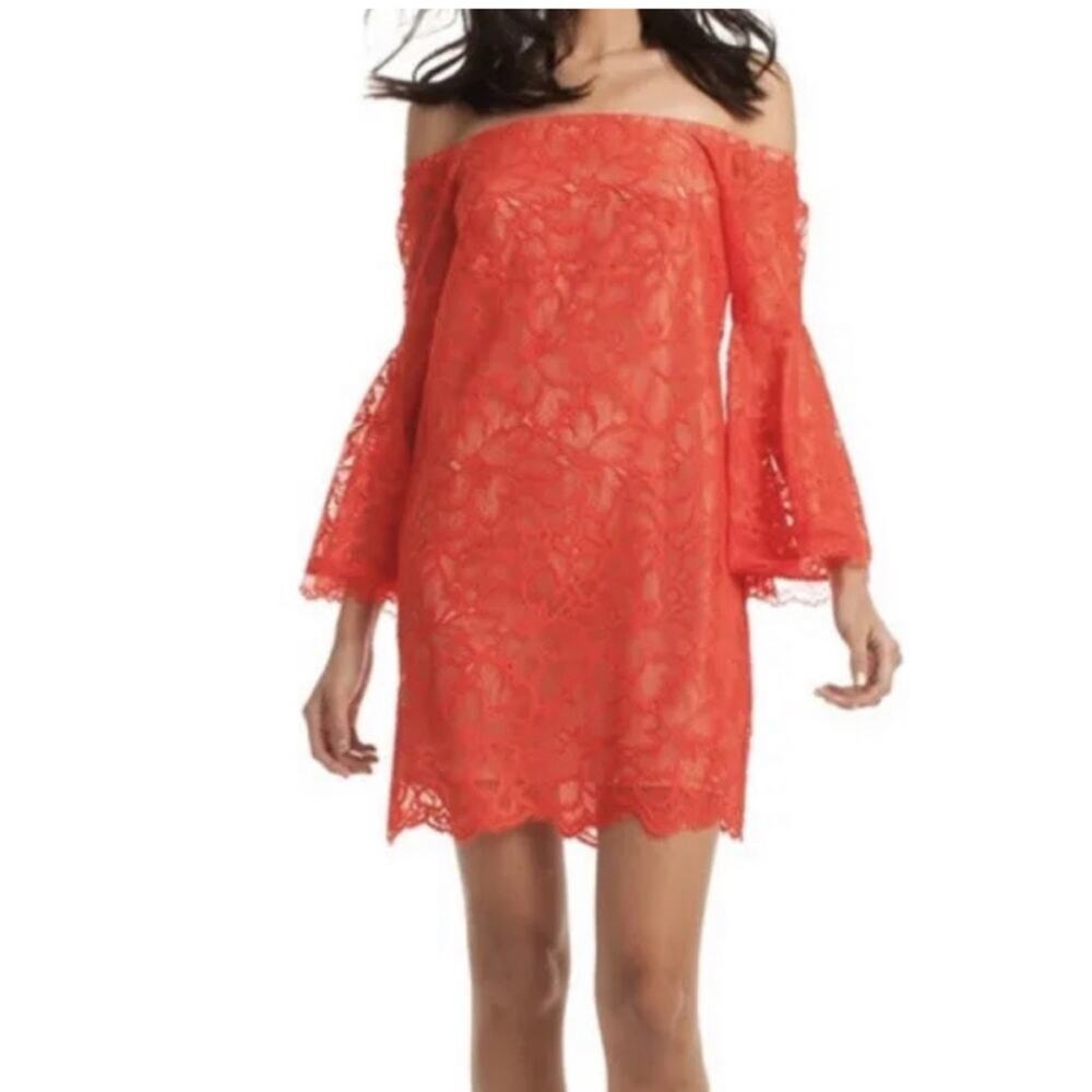 Trina Turk Akamai Lanai bright orange floral lace overlay‎ off shoulder dress 10